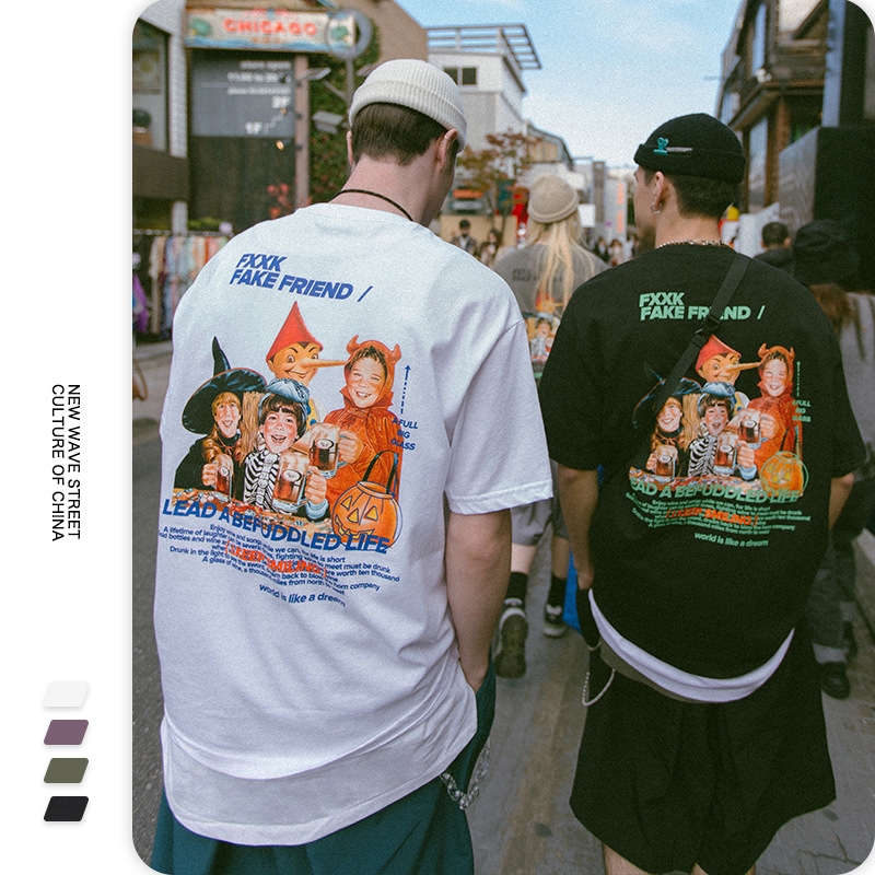 Best ECOGARMENTS Summer retro pictorial style Halloween fun cartoon print loose short-sleeved T-shirt Product, Products