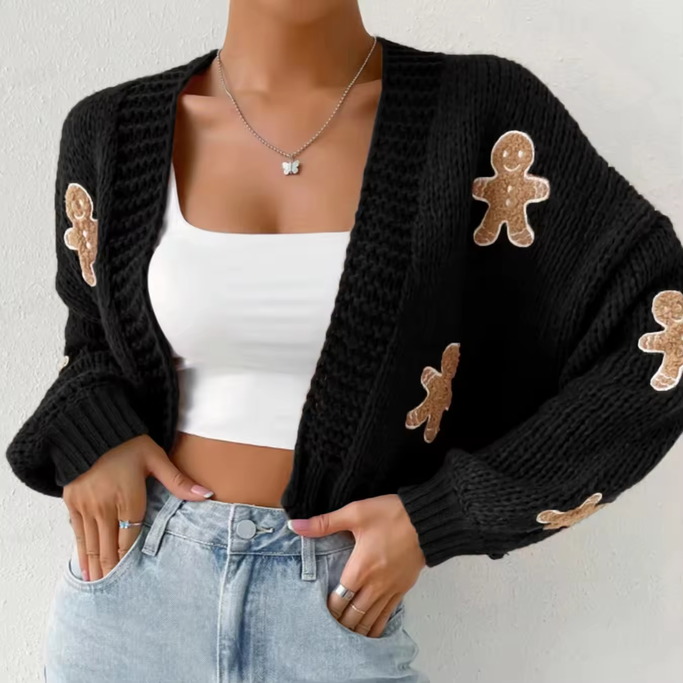 Best Custom autumn new style knitted sweater with cute gingerbread lady pattern, long sleeves, short knitted cardigan for women Exporters, Companies