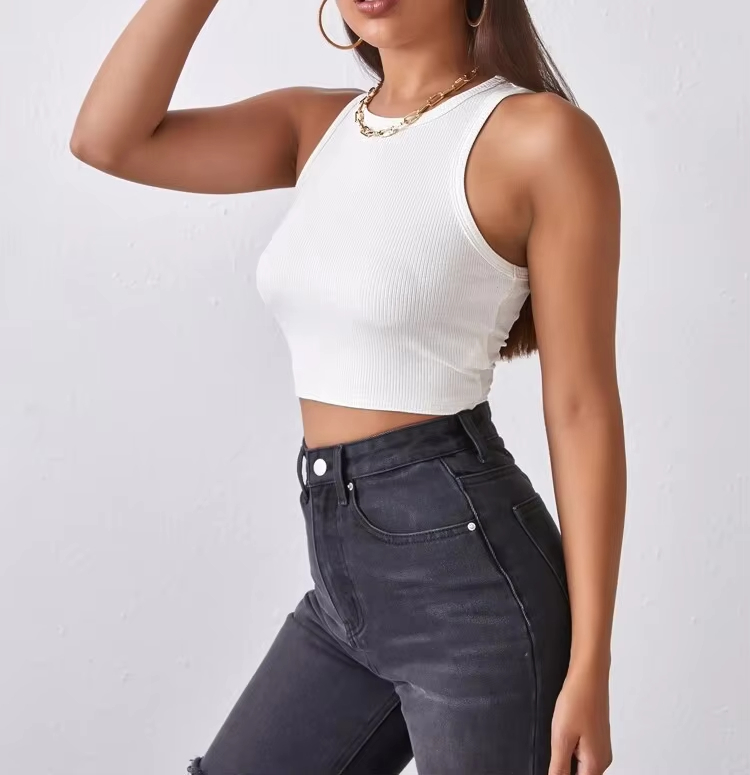 Best summer top custom females workout clothing knit tops women fitness white vest solid ribbed  basic tank crop top Factories, Product