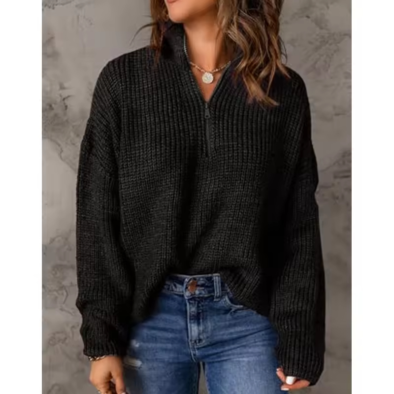 High-Quality Women's Sweater Waffle Knit Kint Long Sleeve Quarter Zip Pullover Ladies Sweater Supplier, Product
