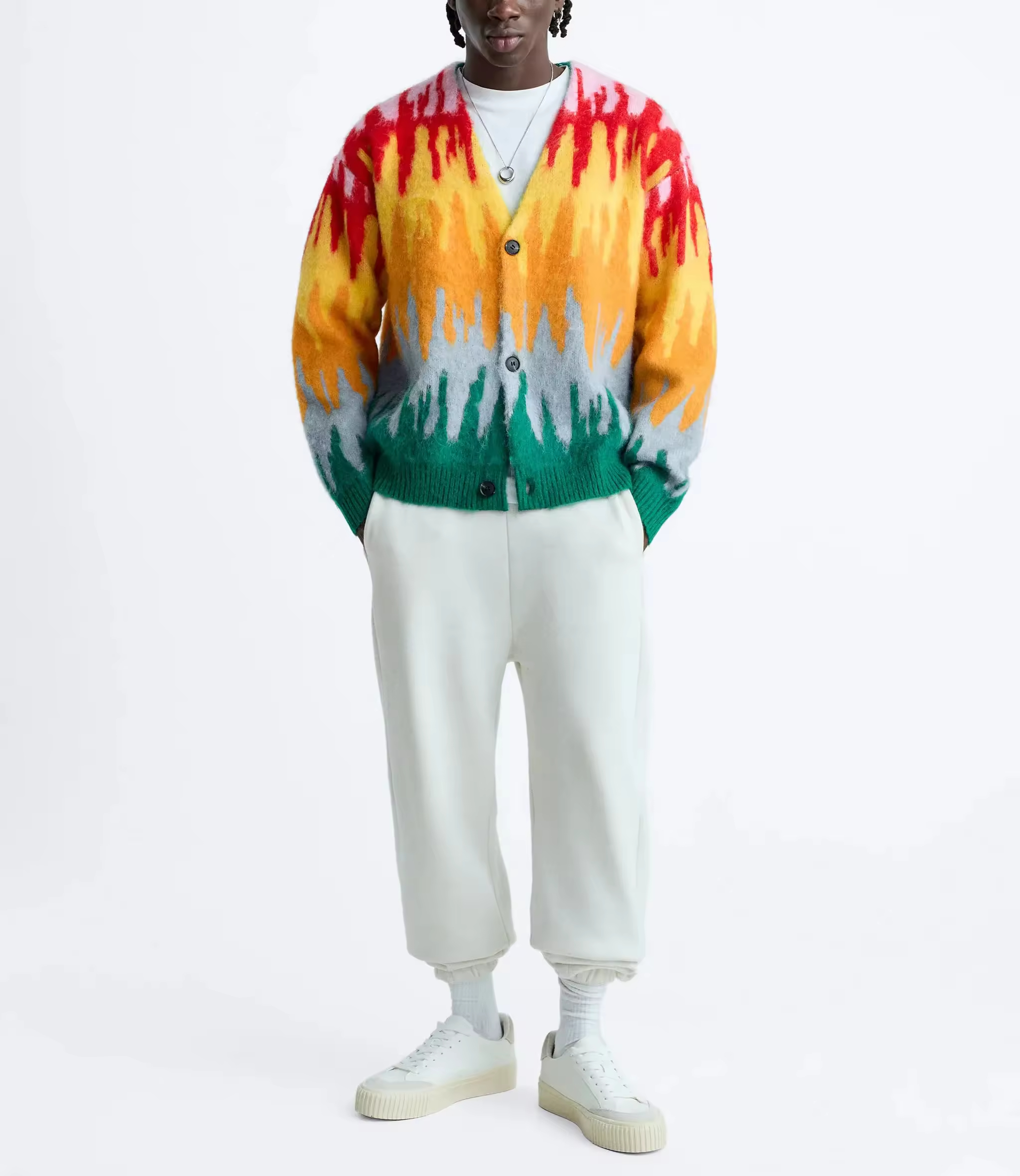 Famous Wholesale Custom Men's Sweater with Oversized V-Neck, Buttoned Long Sleeves, Contrast Color Faux Fur Trim, Mohair Knit Cardigan Factories, Company