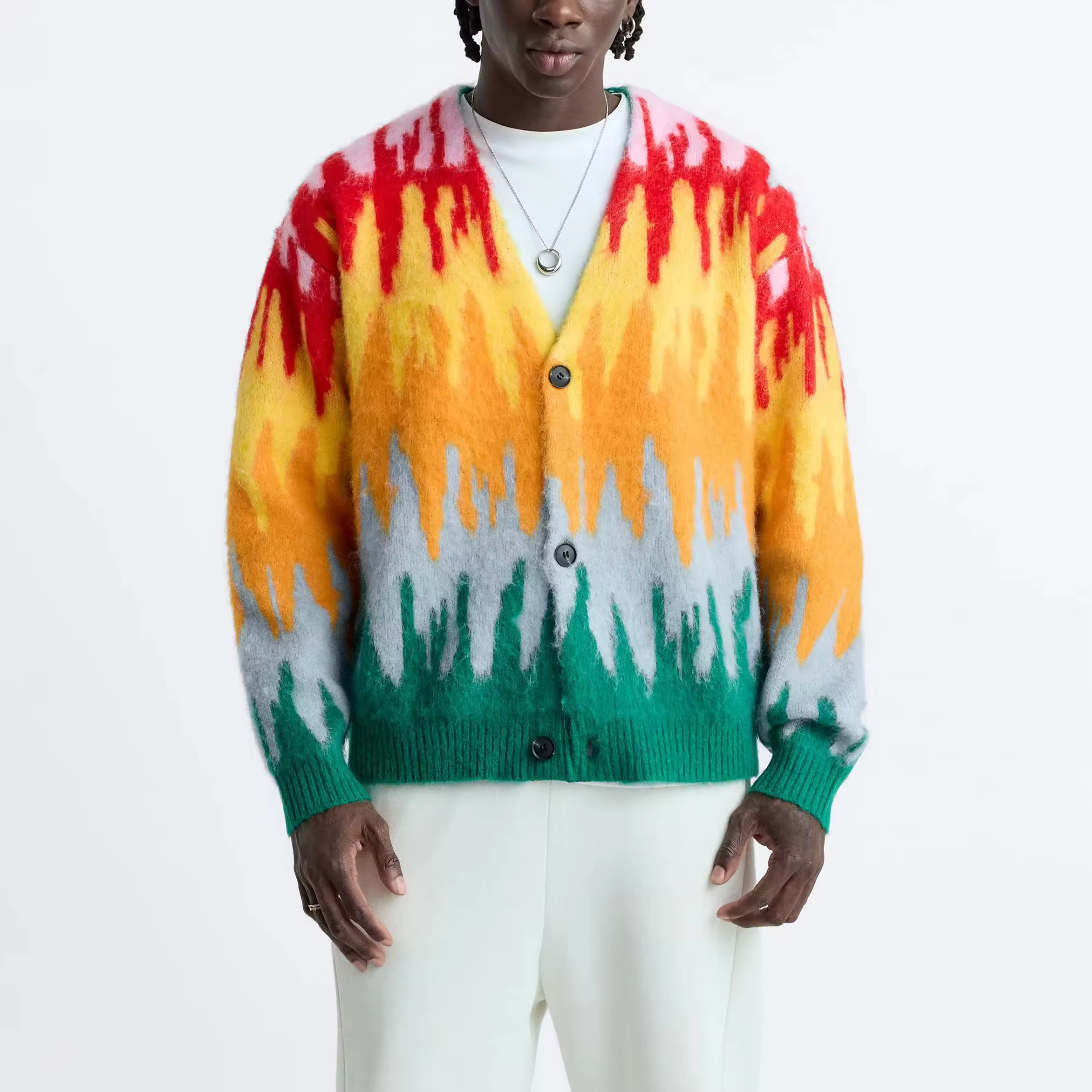 Famous Wholesale Custom Men's Sweater with Oversized V-Neck, Buttoned Long Sleeves, Contrast Color Faux Fur Trim, Mohair Knit Cardigan Factories, Company
