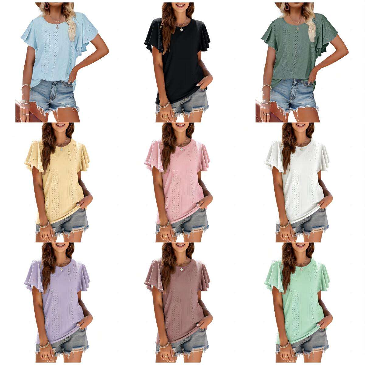 Custom 2024 Summer New Arrivals Women'S Hollow Top Casual Tee Round Neck T Shirt Ruffle Short-Sleeved T-Shirt For Women Ladies Tshirts Factory, Companies