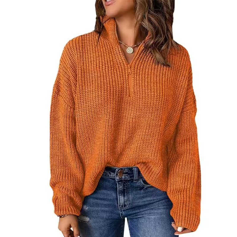 High-Quality Women's Sweater Waffle Knit Kint Long Sleeve Quarter Zip Pullover Ladies Sweater Supplier, Product