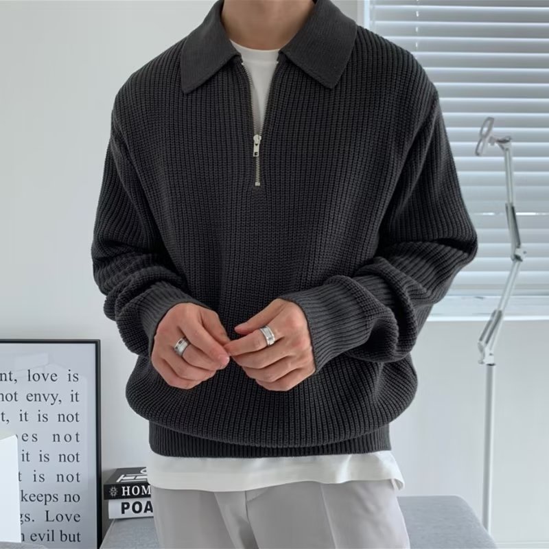 High-Quality Half Zipper Sweater Men Autumn Winter Style Japanese Retro High-End Lazy Style Lapel Sweater Loose Casual Sweater Suppliers, Product