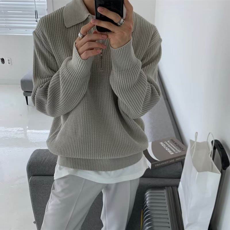High-Quality Half Zipper Sweater Men Autumn Winter Style Japanese Retro High-End Lazy Style Lapel Sweater Loose Casual Sweater Suppliers, Product