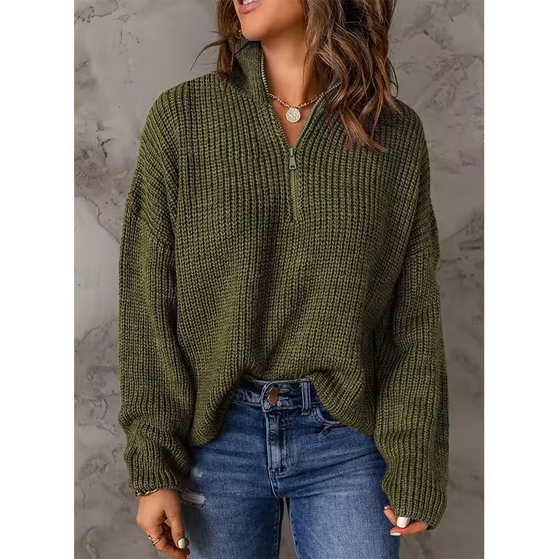 High-Quality Women's Sweater Waffle Knit Kint Long Sleeve Quarter Zip Pullover Ladies Sweater Supplier, Product