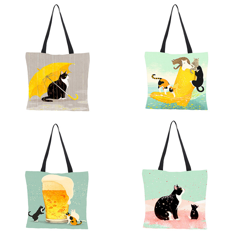 Custom Oil painting cat print cotton and linen ladies handbag Factories, Exporters