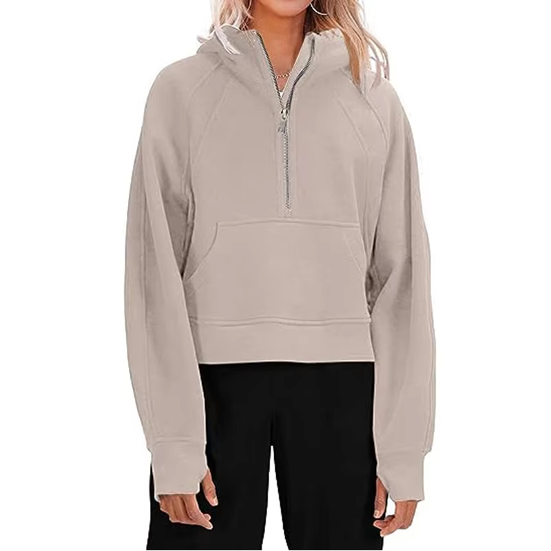 Custom Womens Hooded Pullover Sweatshirts Half Zipper Crop Hoodie Fleece Lined Collar Zip Up Hoodies Cropped Long Sleeve Tops Pricelist, Exporter