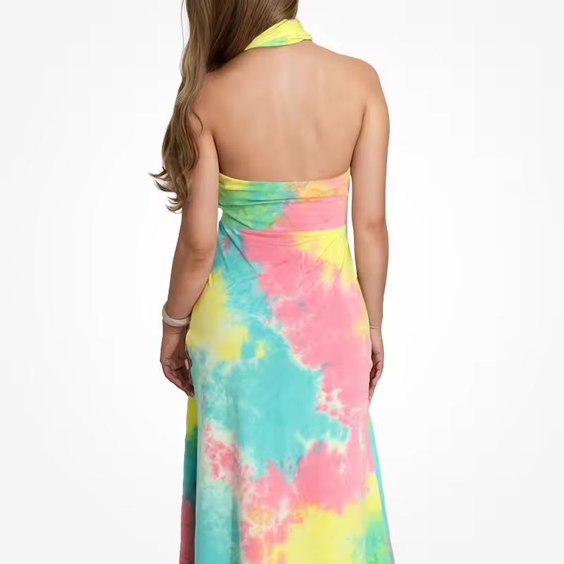 Best Breathable Summer Tie-Dye Bamboo Cotton Bodycon Dress Clothing Halter Neck Sleeveless Women Midi Dresses Manufacturers, Exporters