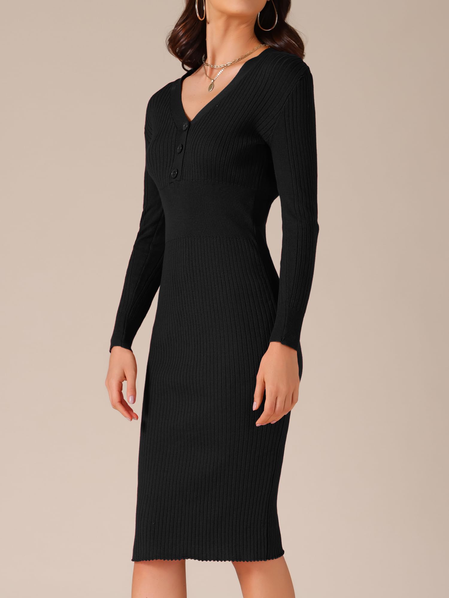 Famous Women's Sweater Dress Ribbed Knit V Neck Long Sleeve Bodycon Slim Fitted Elegant Fall Midi Sweater Dress Manufacturer, Factories
