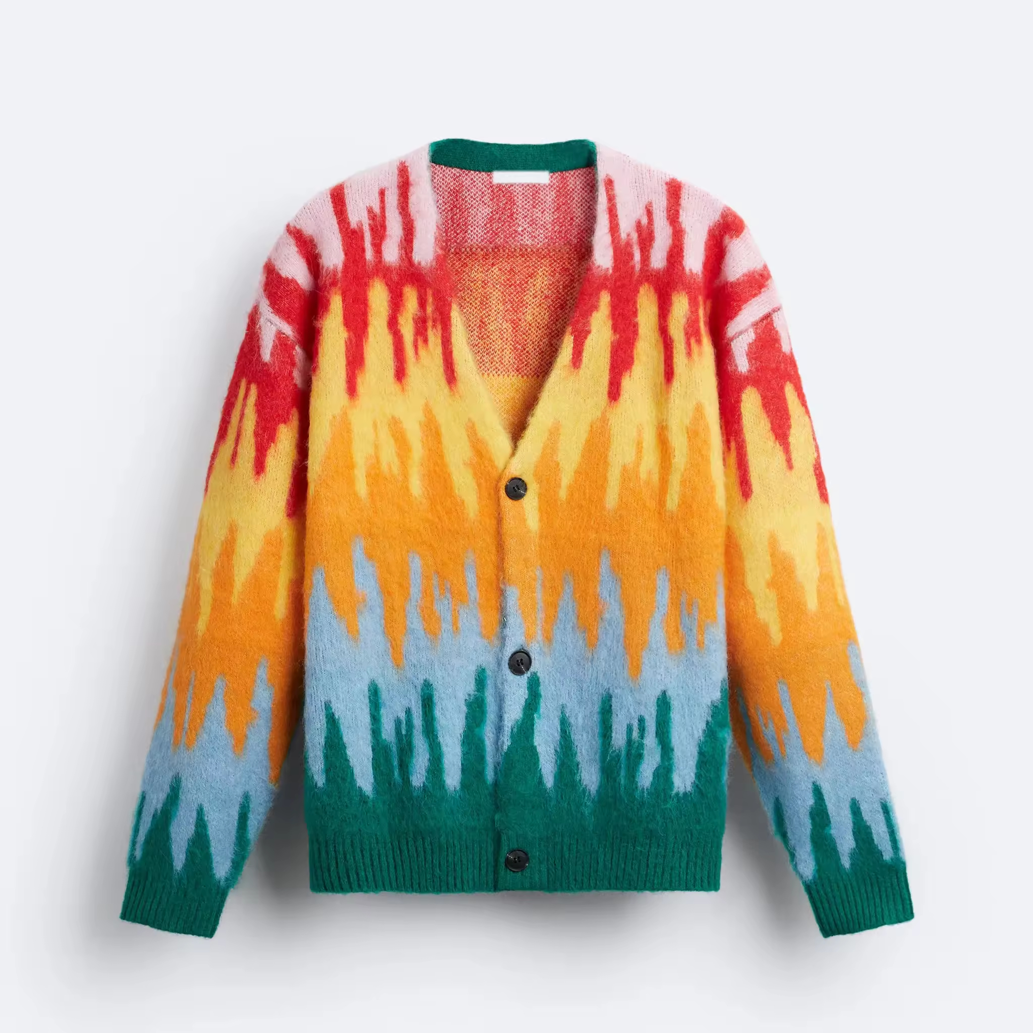 Famous Wholesale Custom Men's Sweater with Oversized V-Neck, Buttoned Long Sleeves, Contrast Color Faux Fur Trim, Mohair Knit Cardigan Factories, Company