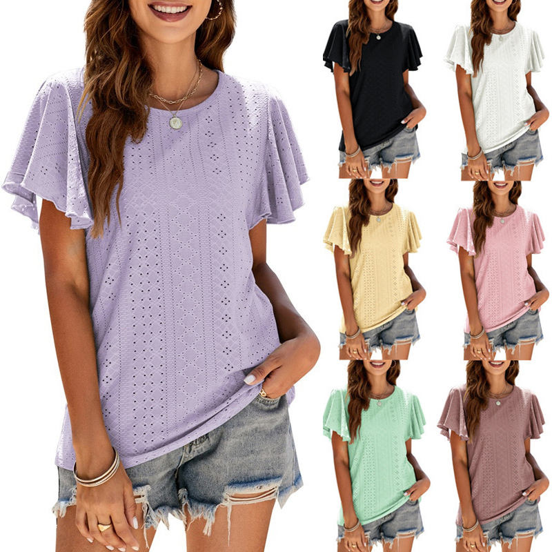 Custom 2024 Summer New Arrivals Women'S Hollow Top Casual Tee Round Neck T Shirt Ruffle Short-Sleeved T-Shirt For Women Ladies Tshirts Factory, Companies