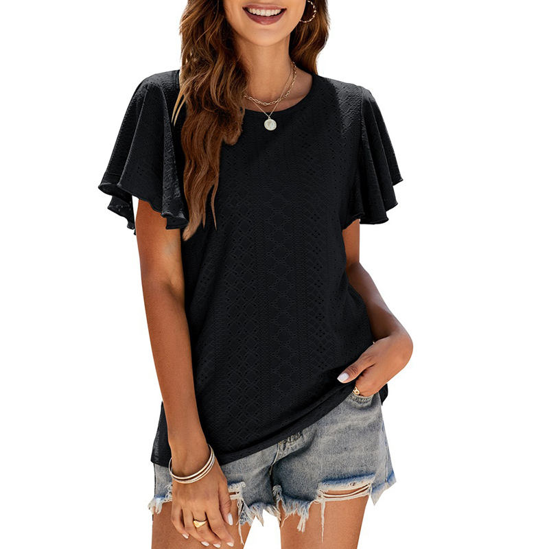 Custom 2024 Summer New Arrivals Women'S Hollow Top Casual Tee Round Neck T Shirt Ruffle Short-Sleeved T-Shirt For Women Ladies Tshirts Factory, Companies