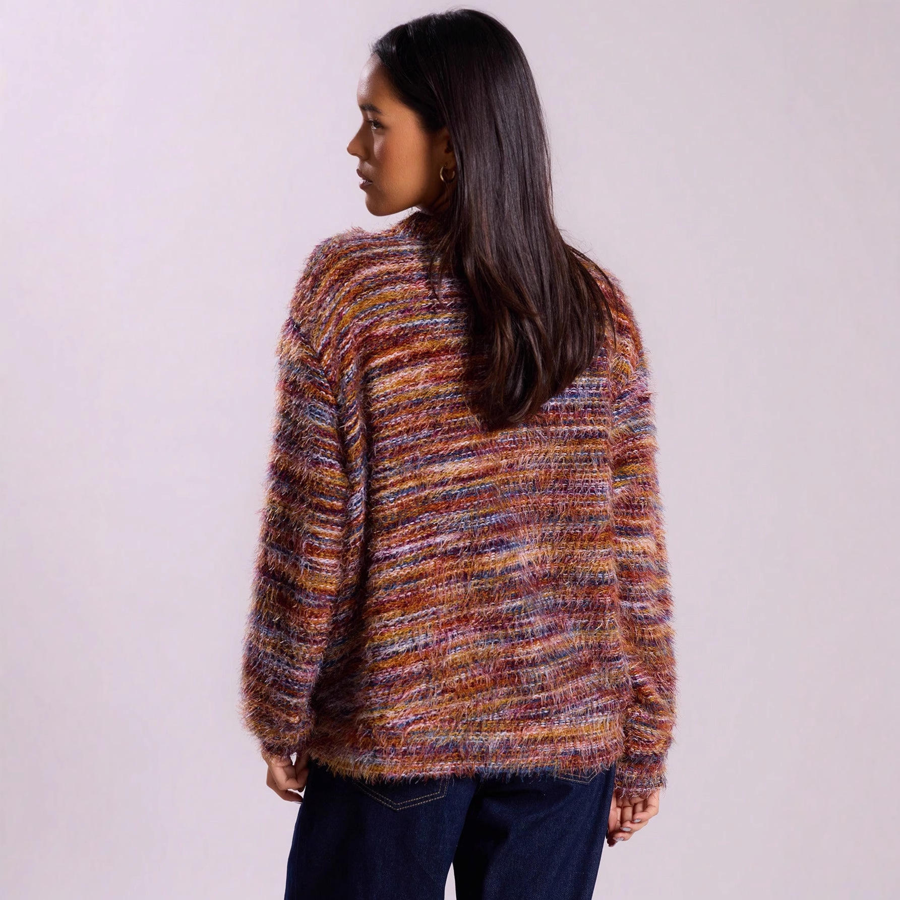 OEM Retro Knit Cardigan Sweater, Fashionable Deep V-Neck Rainbow Sweater Jacket, Mahogany Fleece Long-Sleeved Cardigan, Soft Women's Sweater Manufacturer, Service