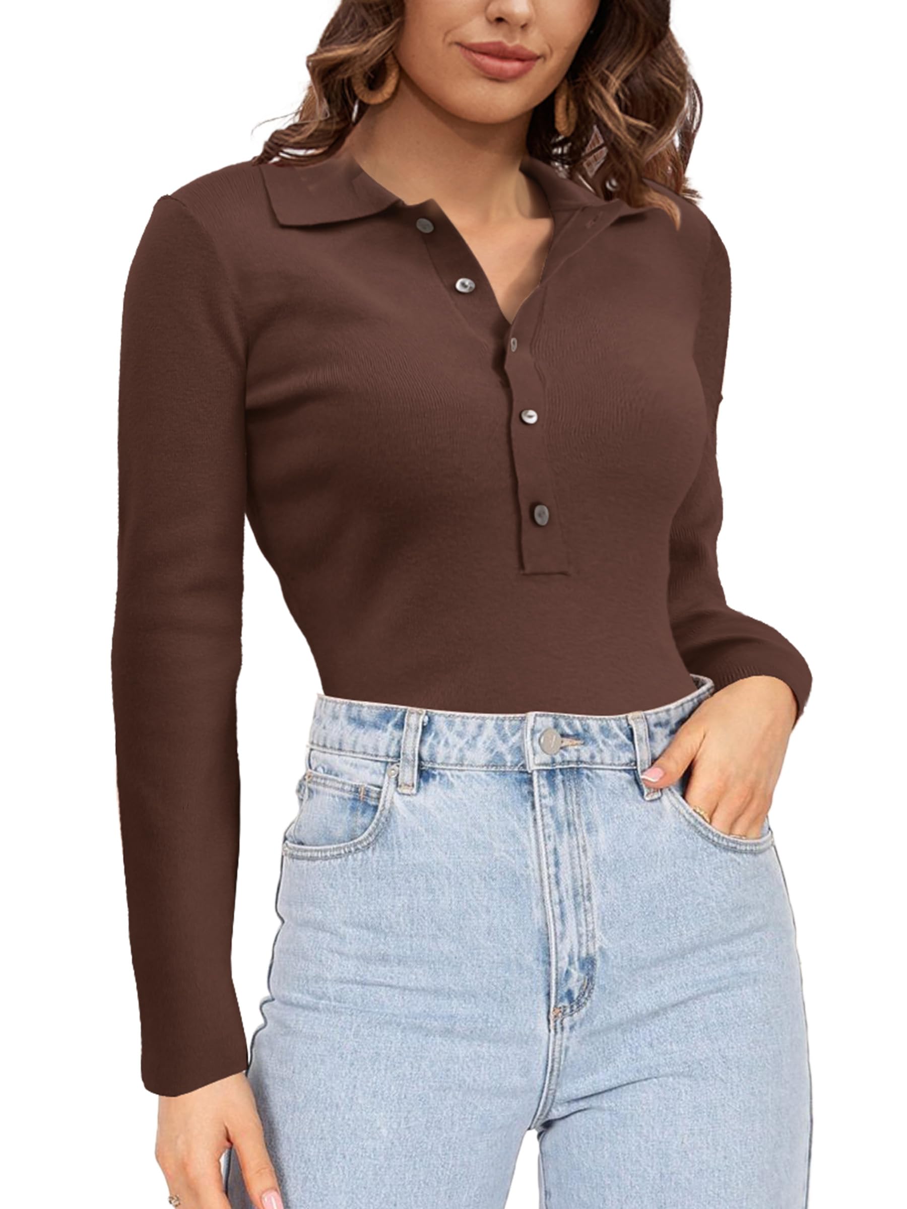 OEM Women's Long-Sleeved Knit Sweater Spring Fashion V-Neck Button Polo Knit Slim-Fit Knit Basic Top Manufacturer, Products