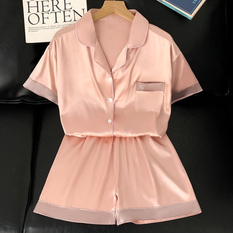 OEM Women's Pajama Sets Ice Silk Short Sleeve And Shorts Solid Color Sweet Temperament Home Clothing Set Pricelist, Exporter