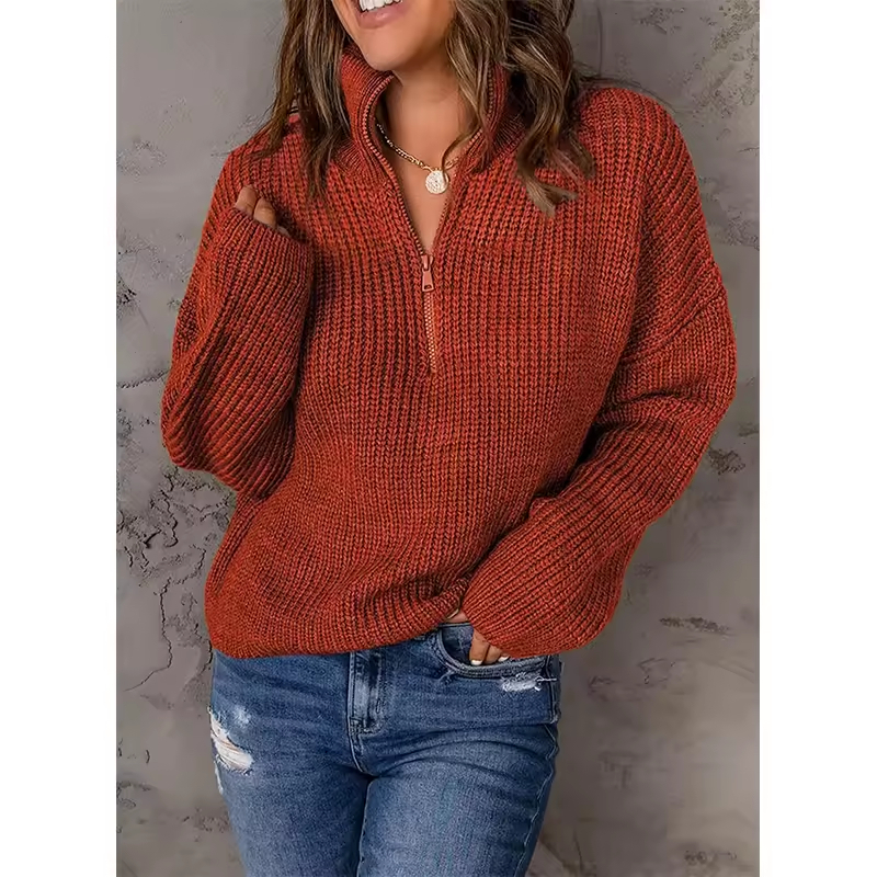 High-Quality Women's Sweater Waffle Knit Kint Long Sleeve Quarter Zip Pullover Ladies Sweater Supplier, Product