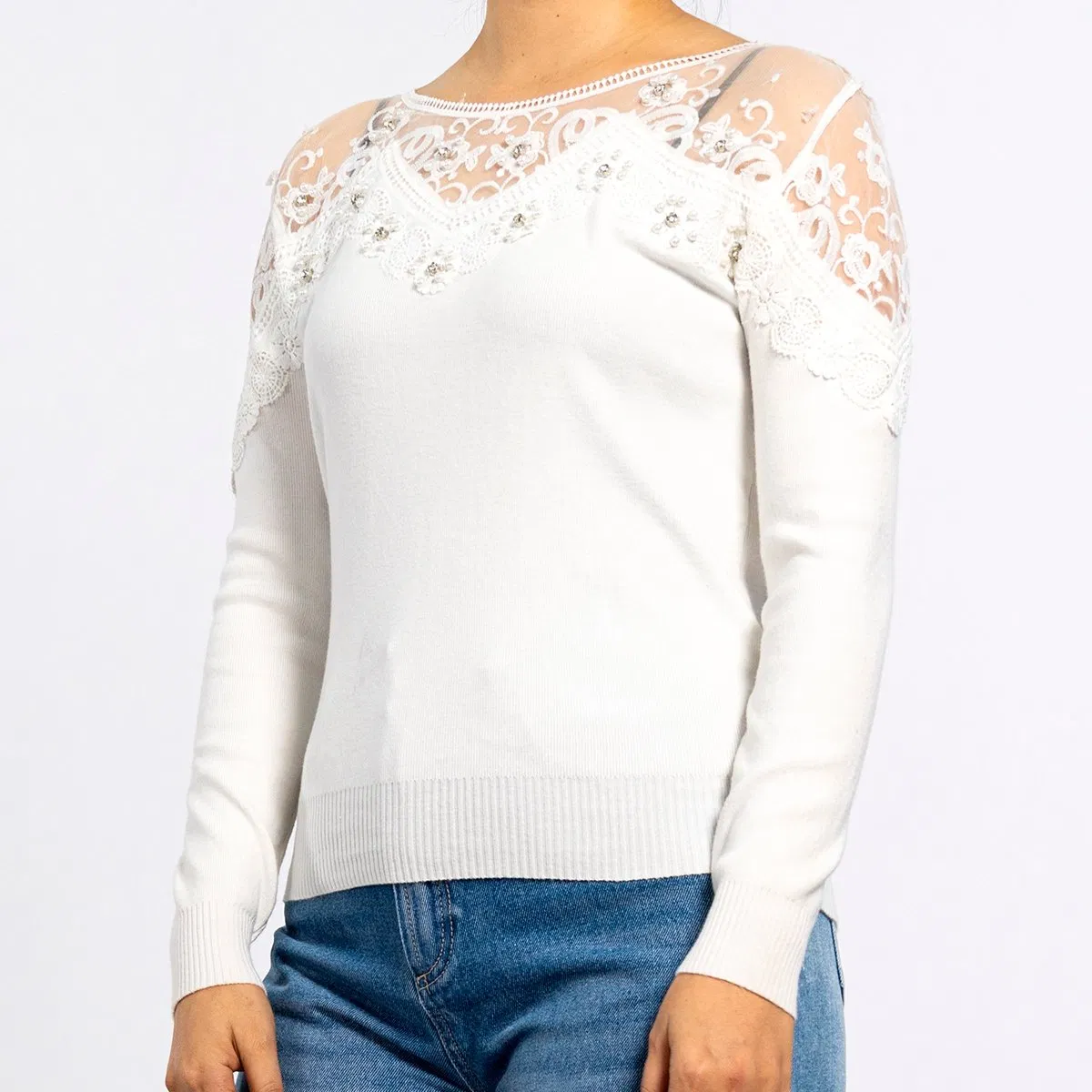Suéter branco de manga longa com gola redonda, malha, renda, costura à mão e diamantes para mulheres