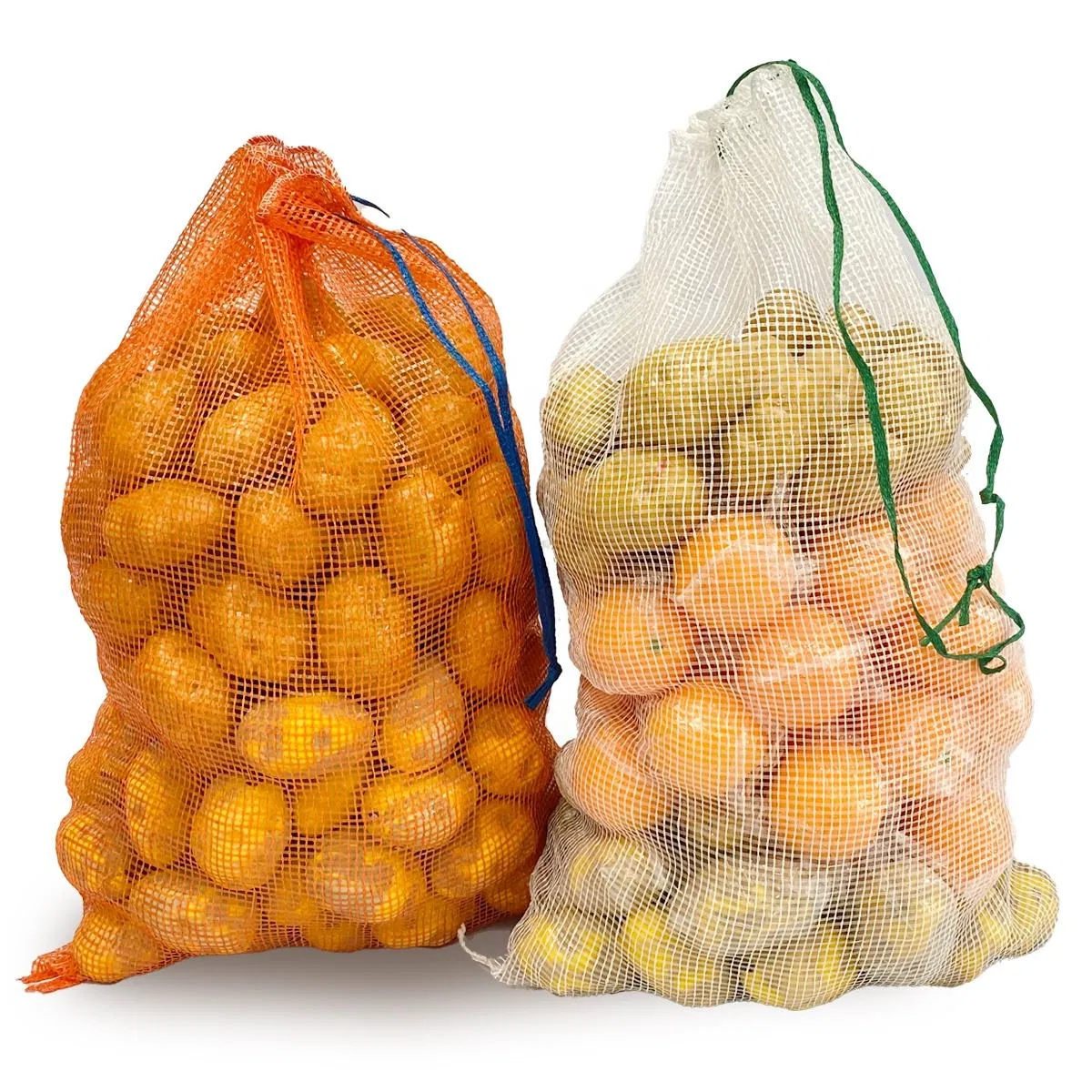 Saco de malha em vermelho, amarelo e laranja com cordão, durável em PE, embalagem clara para cebolas, alho e batatas