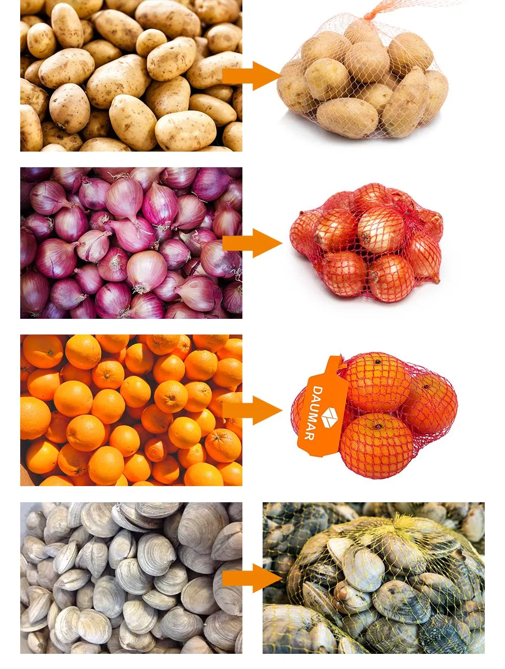 Máquina de Embalagem em Malha para cebolas, laranjas, mangas, pepinos
