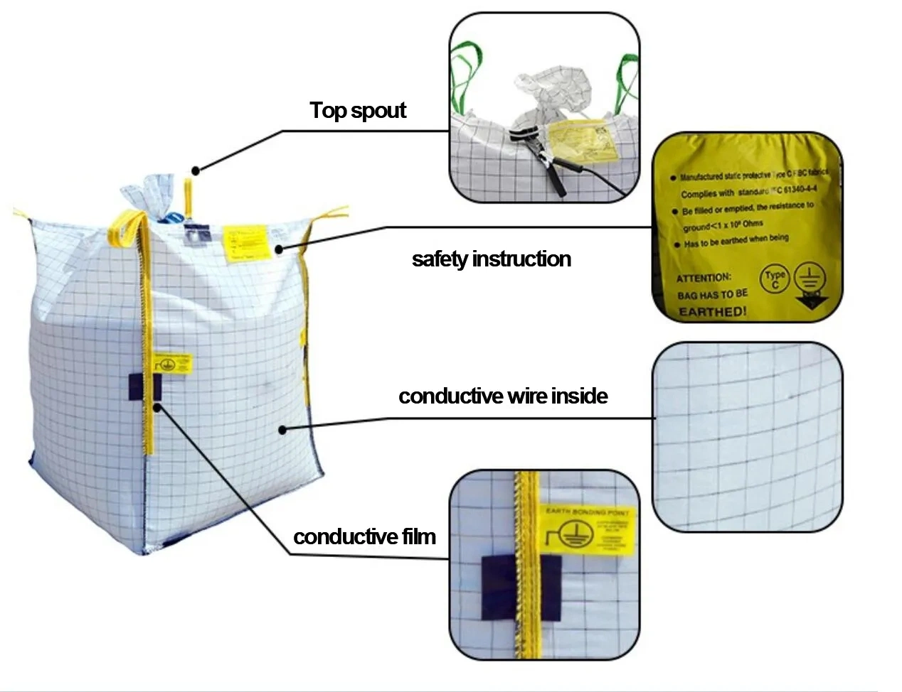 Sacos de Grande Volume Tipo C Tipo B FIBC 1ton Saco Jumbo de PP Saco Documental Super Sack