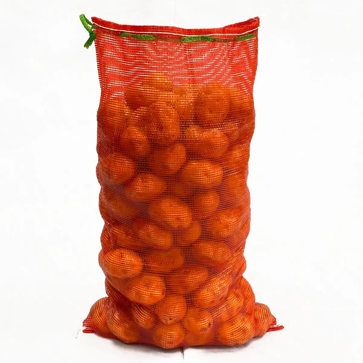 Saco de malha em vermelho, amarelo e laranja com cordão, durável em PE, embalagem clara para cebolas, alho e batatas