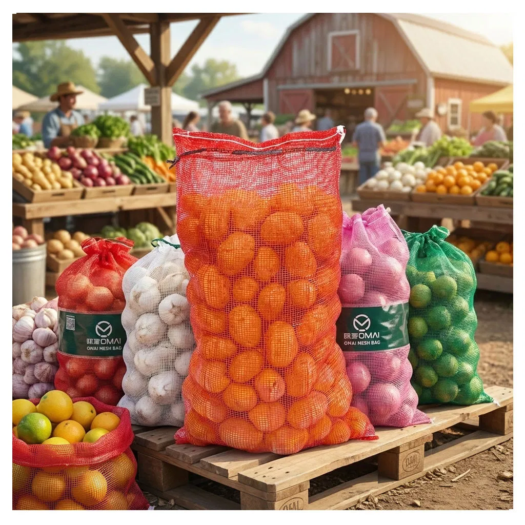 Saco de malha em vermelho, amarelo e laranja com cordão, durável em PE, embalagem clara para cebolas, alho e batatas
