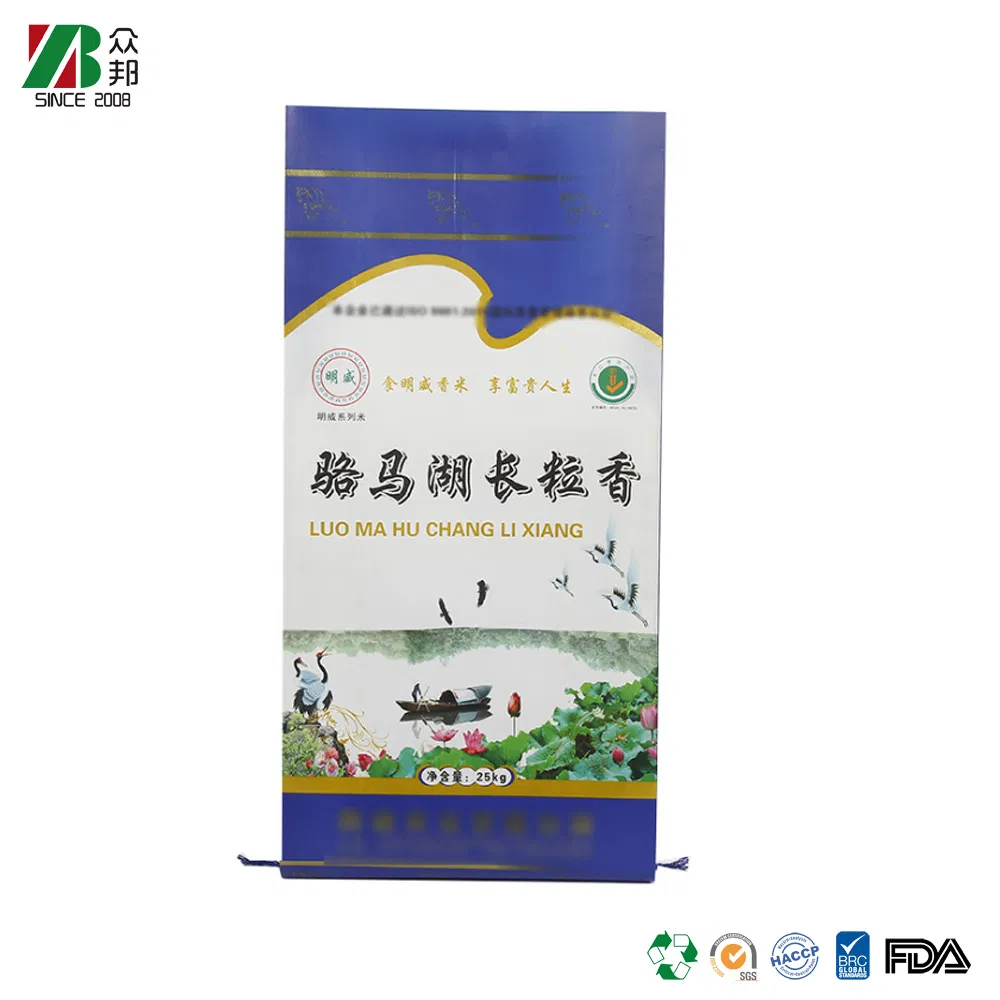 Fabricante ZB Packaging China 25kg 50kg Saco Woven de PP para Grãos de Arroz Laminado BOPP