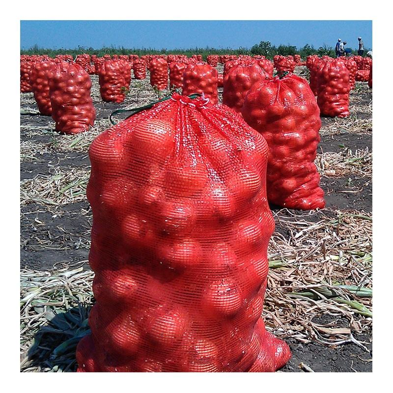 Saco de malha em vermelho, amarelo e laranja com cordão, durável em PE, embalagem clara para cebolas, alho e batatas