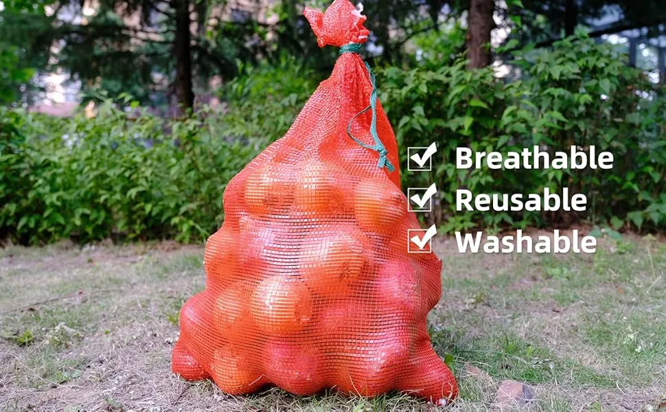 Sacos de Malha Grande para Cebolas, Sacos de Armazenamento de Malha Reutilizáveis e Respiráveis, Armazenamento de Vegetais com Cordão para Cebolas, Batatas, Cítricos e Lagostins
