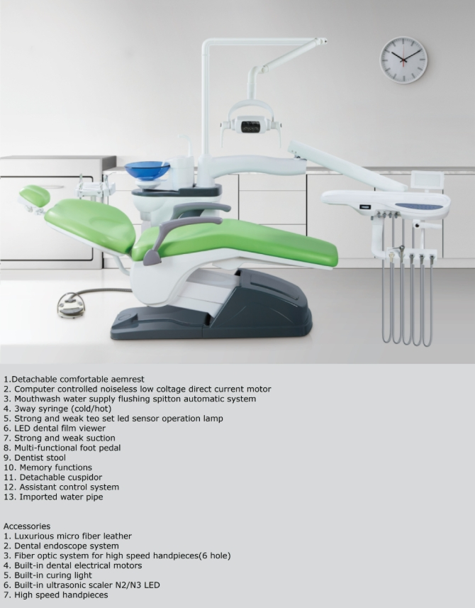 Electric Green Dental Chair with Fold Dental Handpiece for Clinic Use