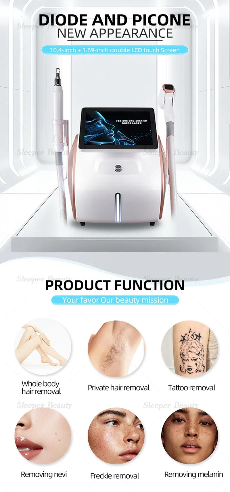 2 In1 إزالة الشعر والتاتو بتقنية IPL و ND YAG Q Switch متعددة الوظائف ليزر ديود 4 موجات