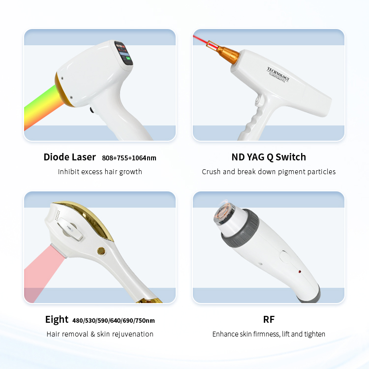 4 في 1 جهاز إزالة الشعر بالليزر عالي الطاقة E-Light IPL 808nm جهاز إزالة الوشم Q-Switch ND YAG