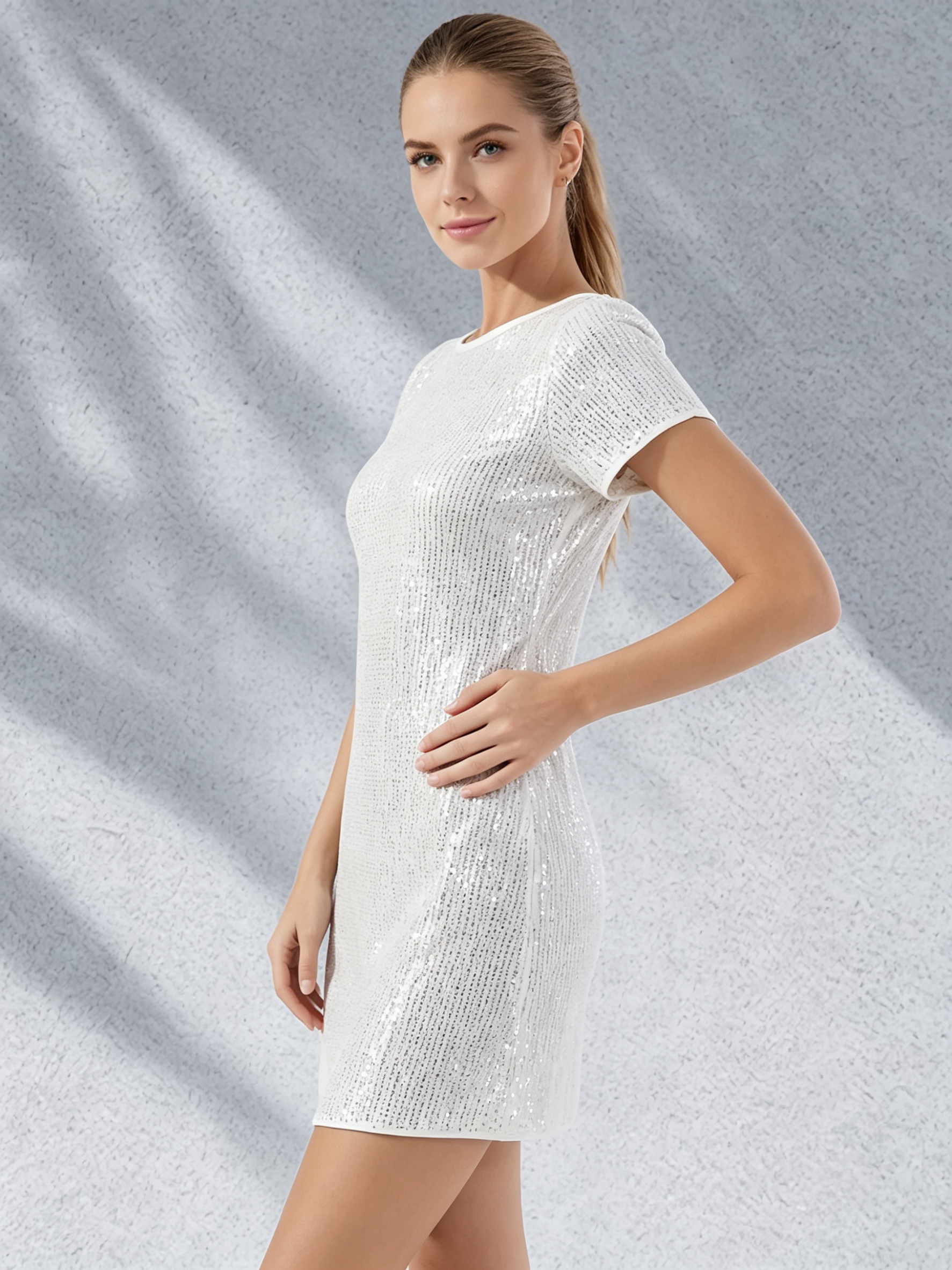 SWEET BABE Women Plus Size Casual Party Cocktail White Sequin Short Sleeve Mini Dress