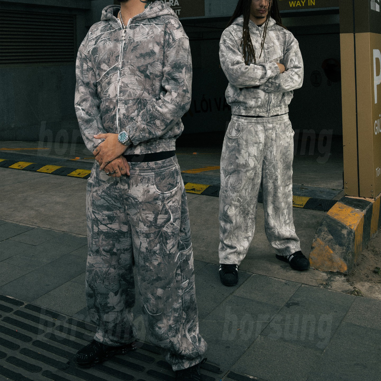 Custom Plus Size Sweatshirt Sweatpants Set Custom Real Tree Camo Acid Wash Baggy Flared Jogger Tracksuit Men