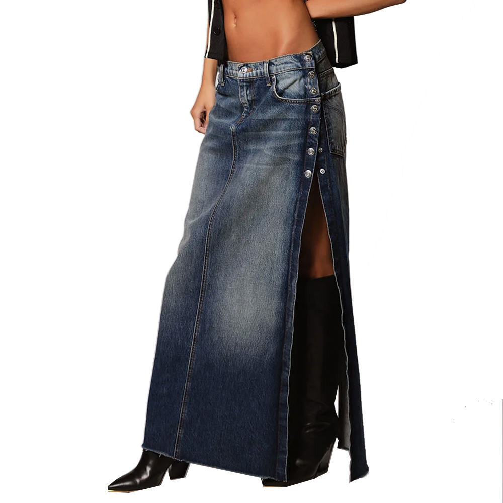 Casual Vintage Streetwear Style Midi Length Maxi Skirt Low-Rise Denim Dress Snap Button Detail Embroidery Back Pocket Logo Waist