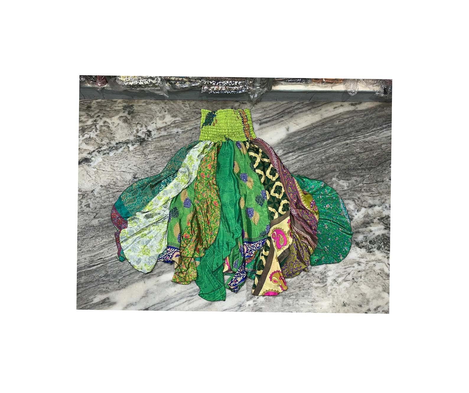 Mixed Patchwork Maxi Skirt Bohemian Silk Ruffle Fairy Silk Midi Skirt Colorful Patchwork Skirt for Women