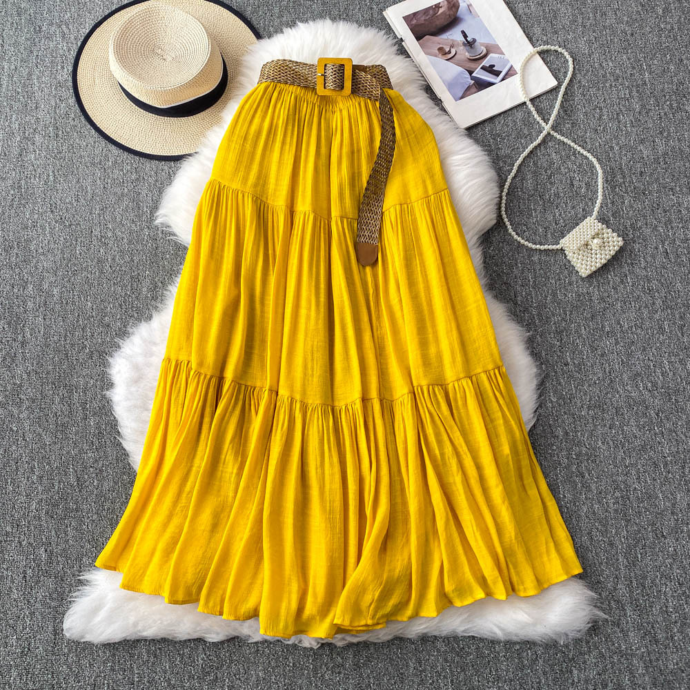 Women's Flowy Flared Ruffle Long Skirt Summer Maxi Skirt Going Out Outfits Midi Length Elastic High Waist Beach Skirt Dress