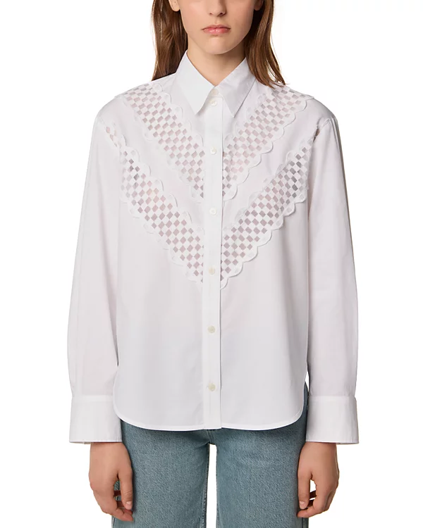 Women's Elegant Casual White Cotton Blouse Turn-Down Collar Long Sleeve Checkered Lace Embroidered V-Panel Button Down Top
