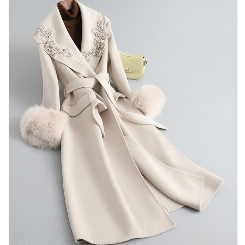 Wholesale Elegant Winter Wool Coat Women Double Face Cashmere Coat Custom Logo Long Trench Overcoat Furry Overcoat