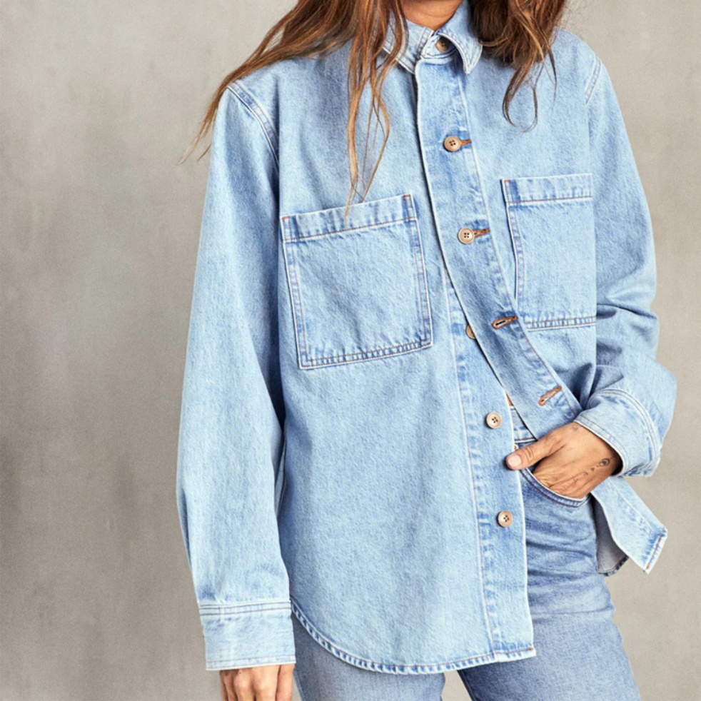 Women Premium Clothing Classic Button Down Shirt Collar Jacket Patch Pocket Blouse for Ladies Long Sleeve Over-sized Denim Shirt
