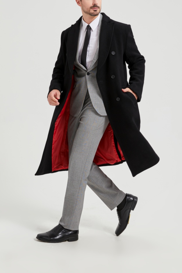 Men's Black Casual Double Breasted Long Overcoat High-End Luxury Woolen Viscose Trench Coat Anti-Wrinkle Breathable