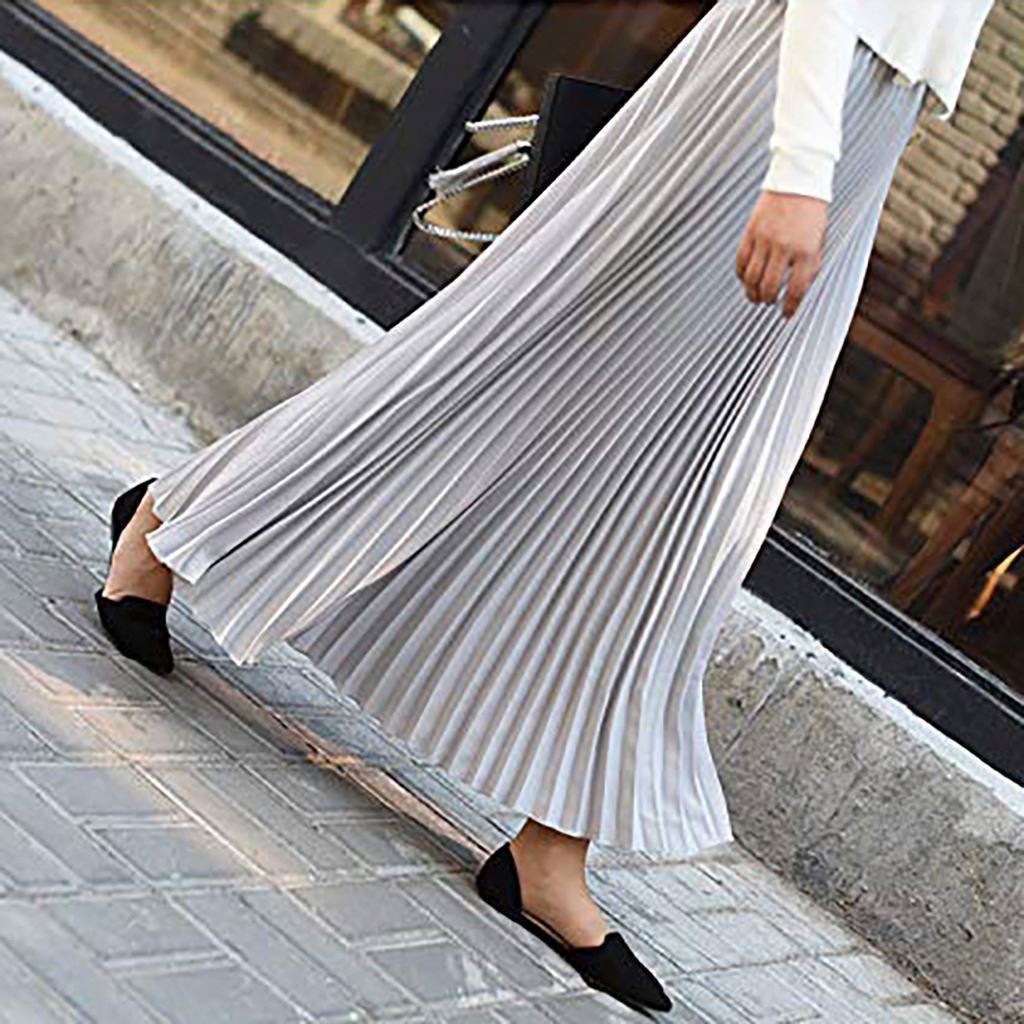 Spring Women Solid Pleated Skirt Elegant Casual Office Midi Elastic Waist Maxi Skirt Chiffon Pleated Skirt A-line Mid-length 10%