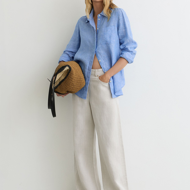 Custom Loose Casual Shirt Summer Blouse Women's Heather Blue Single Pocket Relaxed Fit 100% Linen Long Sleeve Button up Shirt