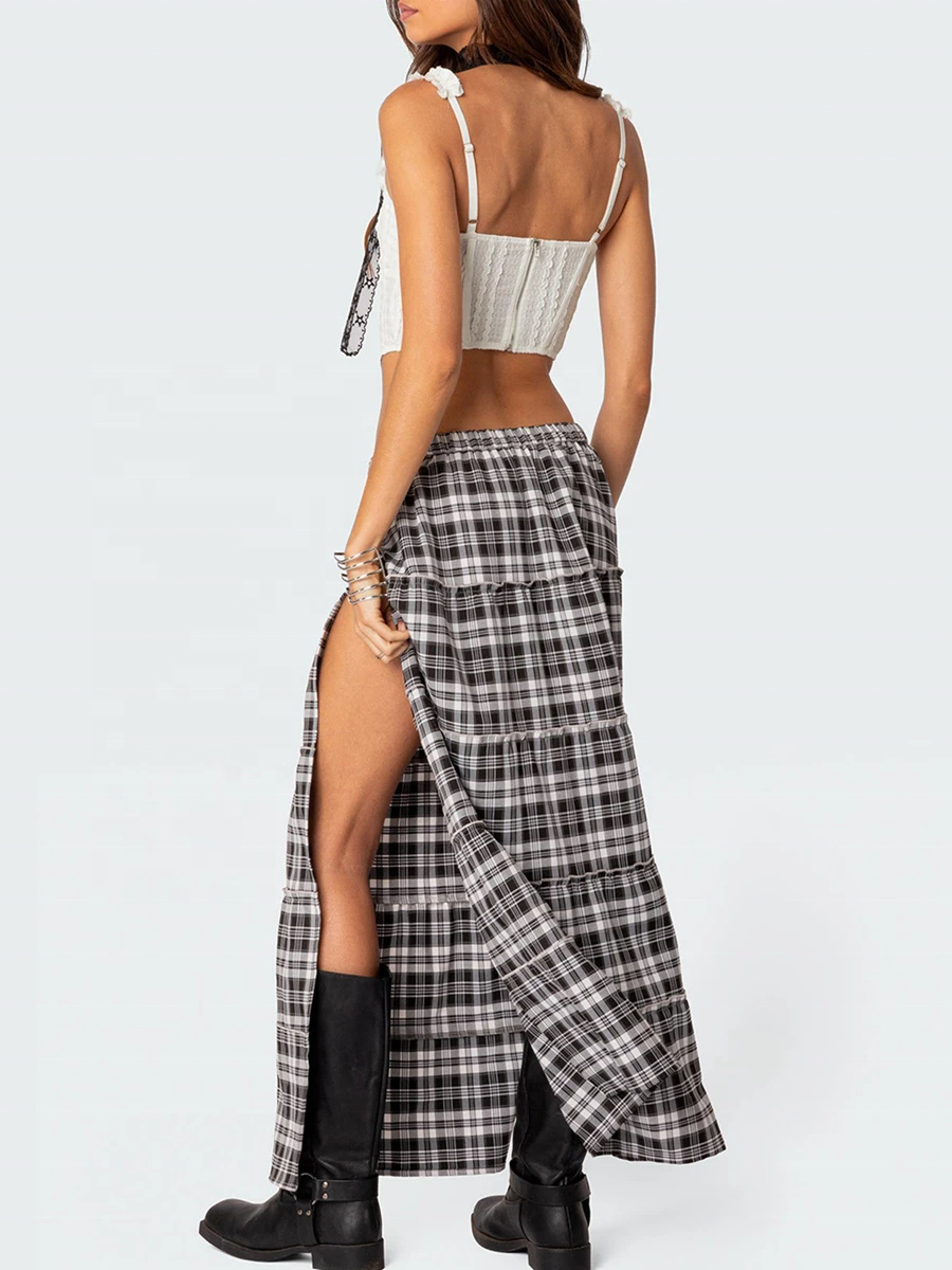 2025 Summer Y2k Vintage High Split Elastic Waist Tiered Midi Skirts Custom a Line Maxi Long Plaid Skirts for Girls