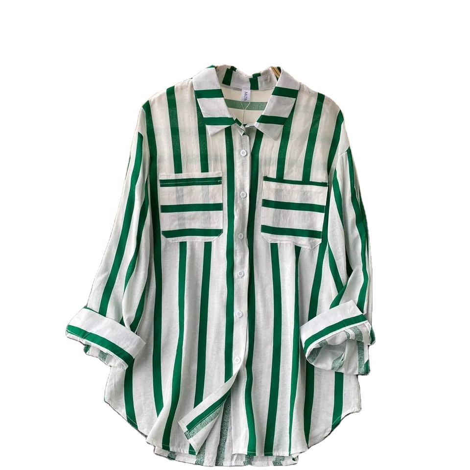 Spring and Autumn Striped Korean Style Casual Long Sleeve Lapel Fashion Women's Blouses and Shirts