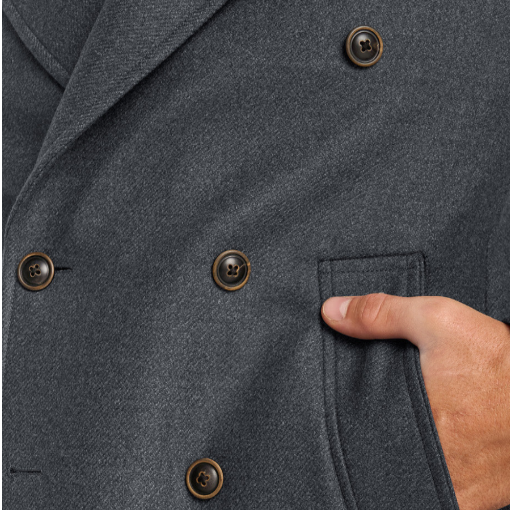 Elegant Men's Charcoal Grey Double-Breasted Woolen Overcoat Durable Winter Trench Coat Woolen Fabric Convenient Closure Type