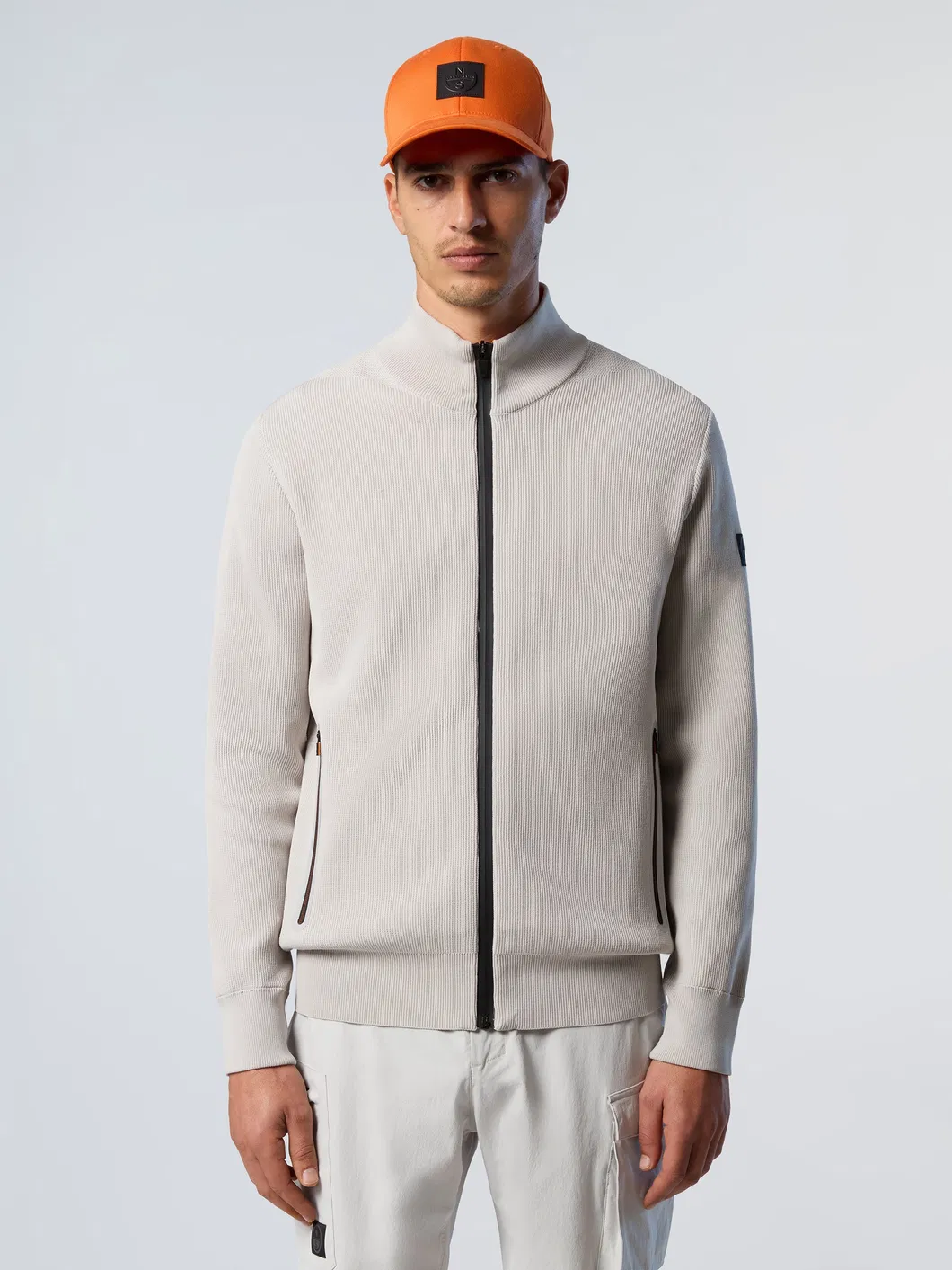 Men Ribbed Knit Stand Collar Zip-up Jacket Casual Bomber Style Cardigan Sweater