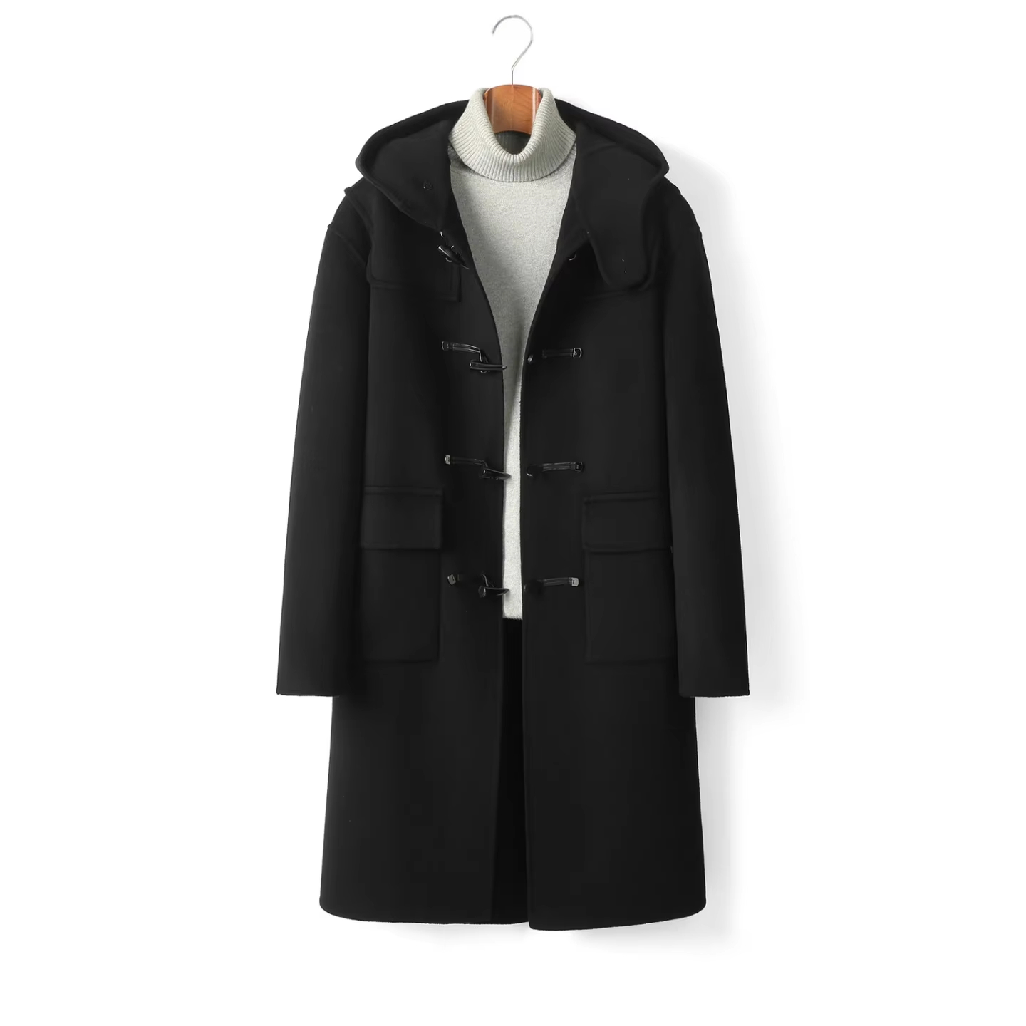 Mens Youth Hooded Trench Coat Horn Pure Wool Double-sided Tweed Factory Outlet